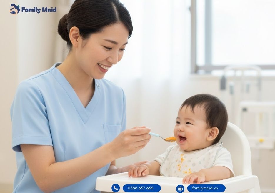 Bảo mẫu Familymaid đang cho bé 9 tháng tuổi ăn dặm Bảo mẫu Familymaid đang cho bé 9 tháng tuổi ăn dặm